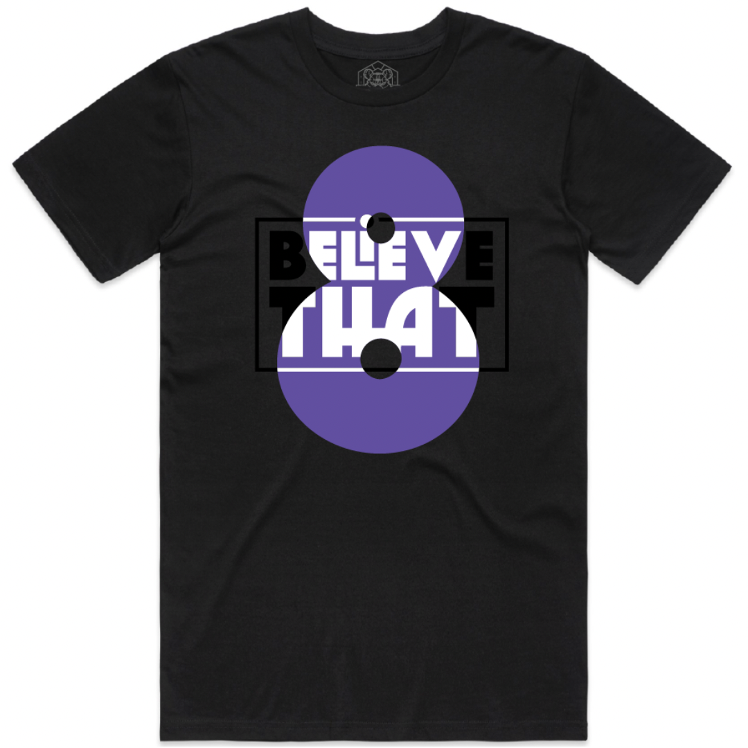 "Believe That" Black Staple Tee (White, Black + Purple)