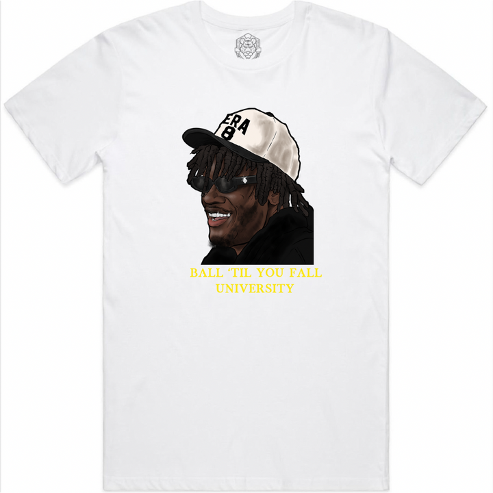 “Ball ‘Til You Fall University” T-Shirt (Era 8 Hat)