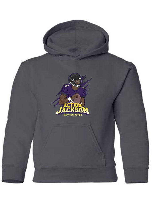 (Youth) "Action Jackson Athletic" Black Hooded Pullover Sweatshirt