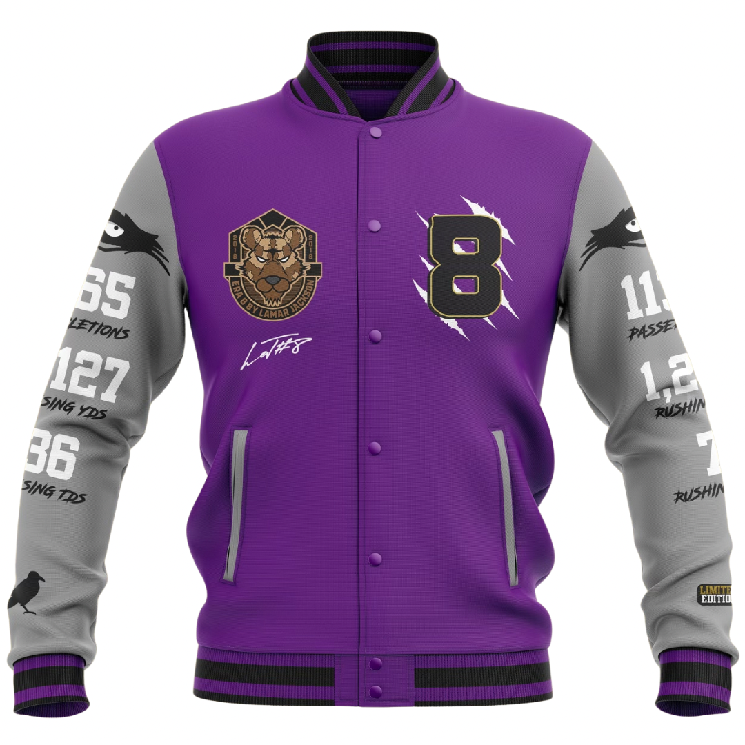 Limited Edition 2019 MVP Lamar Jackson Letterman Jacket  (PURPLE/GREY)