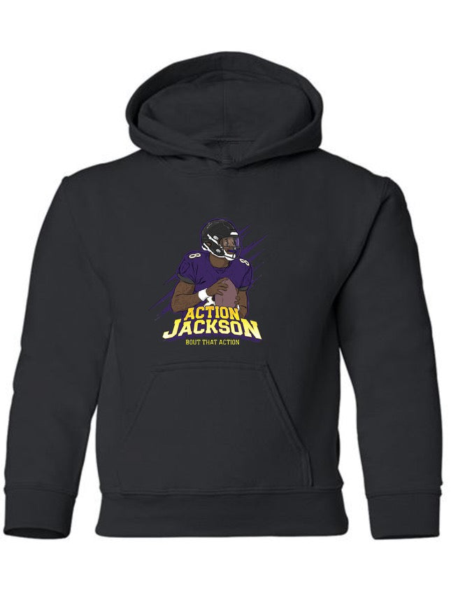 (Youth) "Action Jackson Athletic" Black Hooded Pullover Sweatshirt