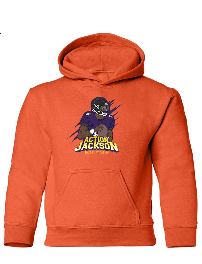 (Youth) "Action Jackson Athletic" Black Hooded Pullover Sweatshirt