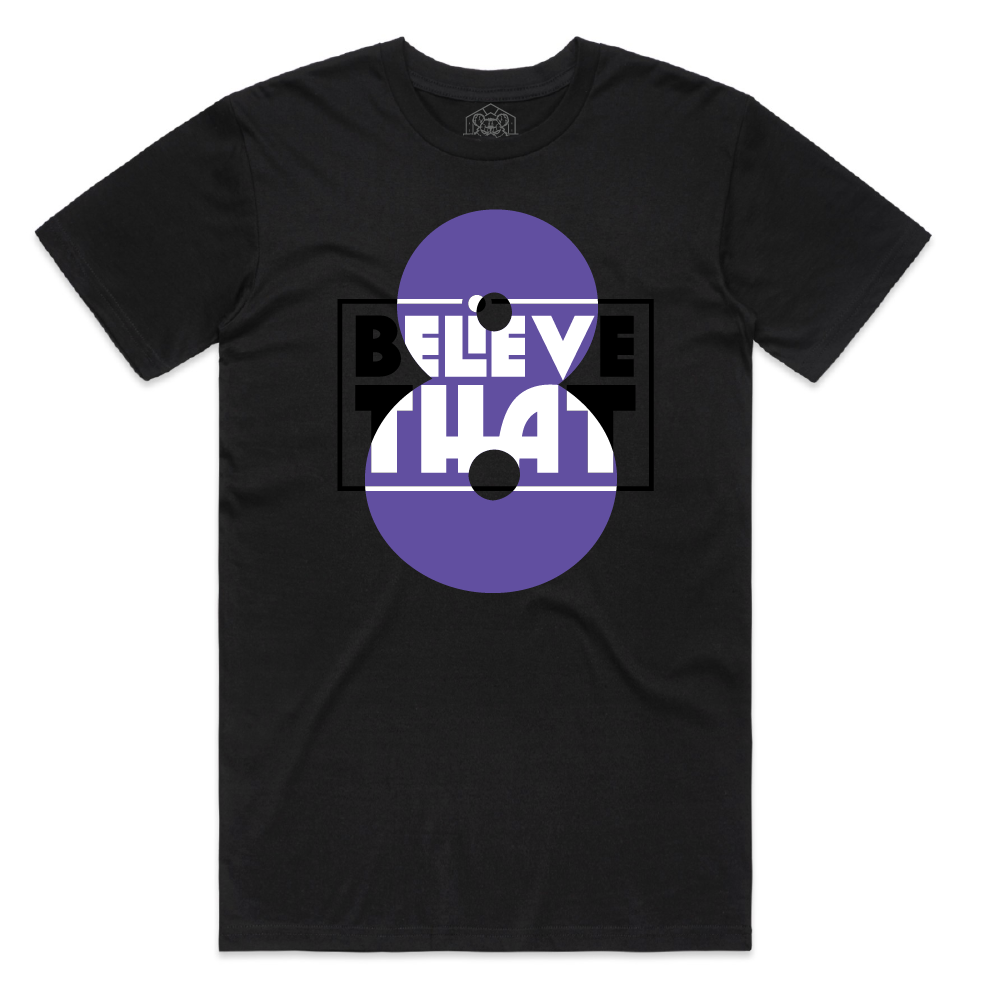 "Believe That" Black Staple Tee (White, Black + Purple)